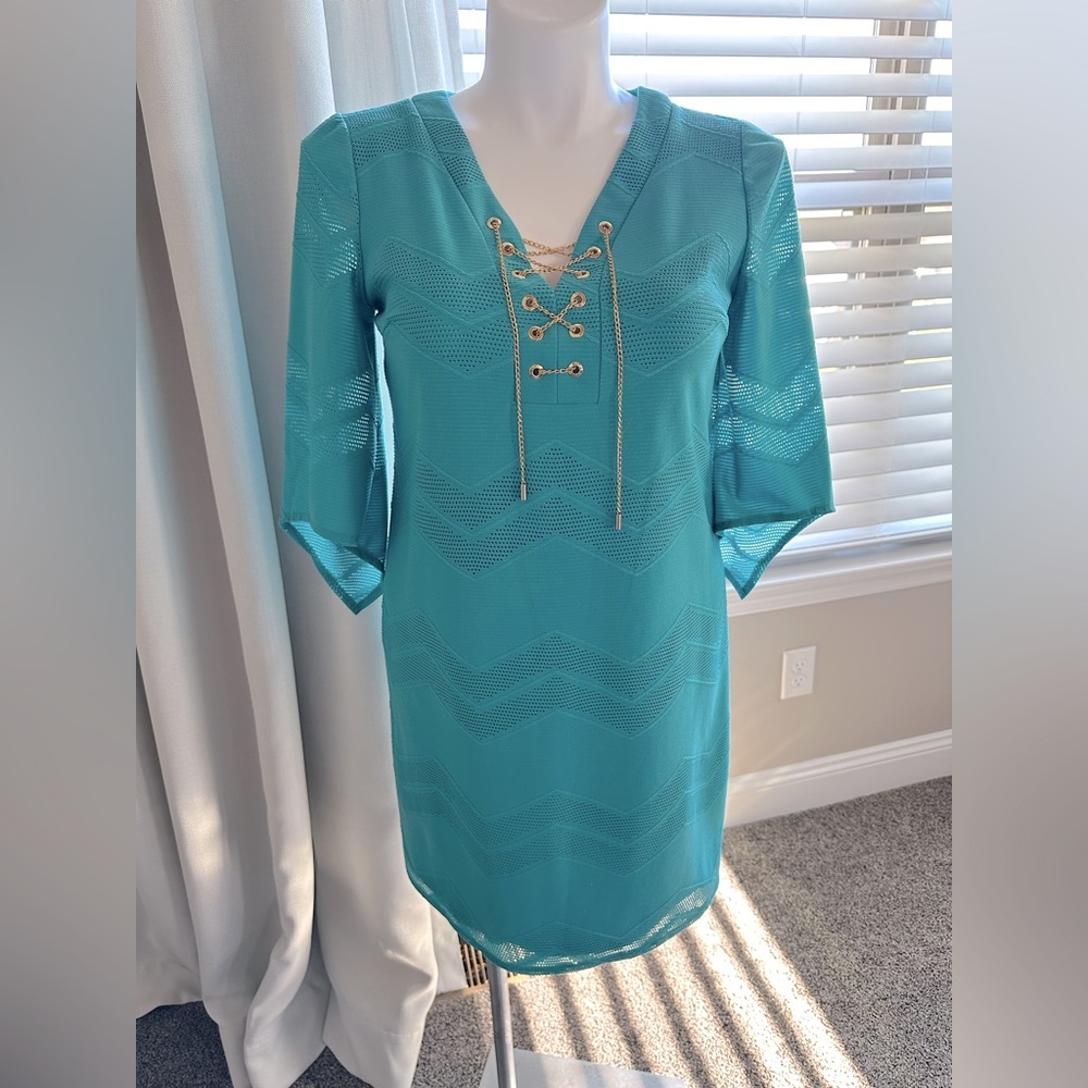 London times lace up turquoise dress size 12